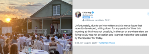 Left, Chip Roy speaks to maskless audience. Right, Roy's tweet about debilitating back pain